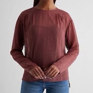 Express Metallic Sheer Gathered Shoulder Long Sleeve Top